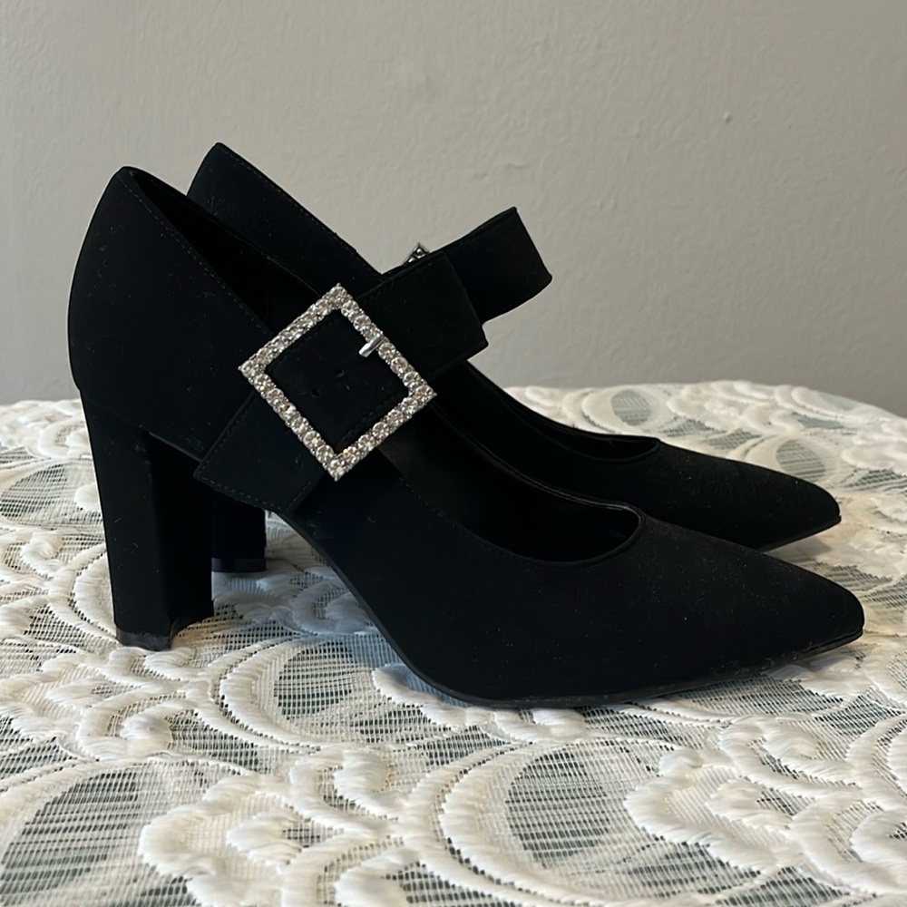 Black velvet heels with rhinestone buckle